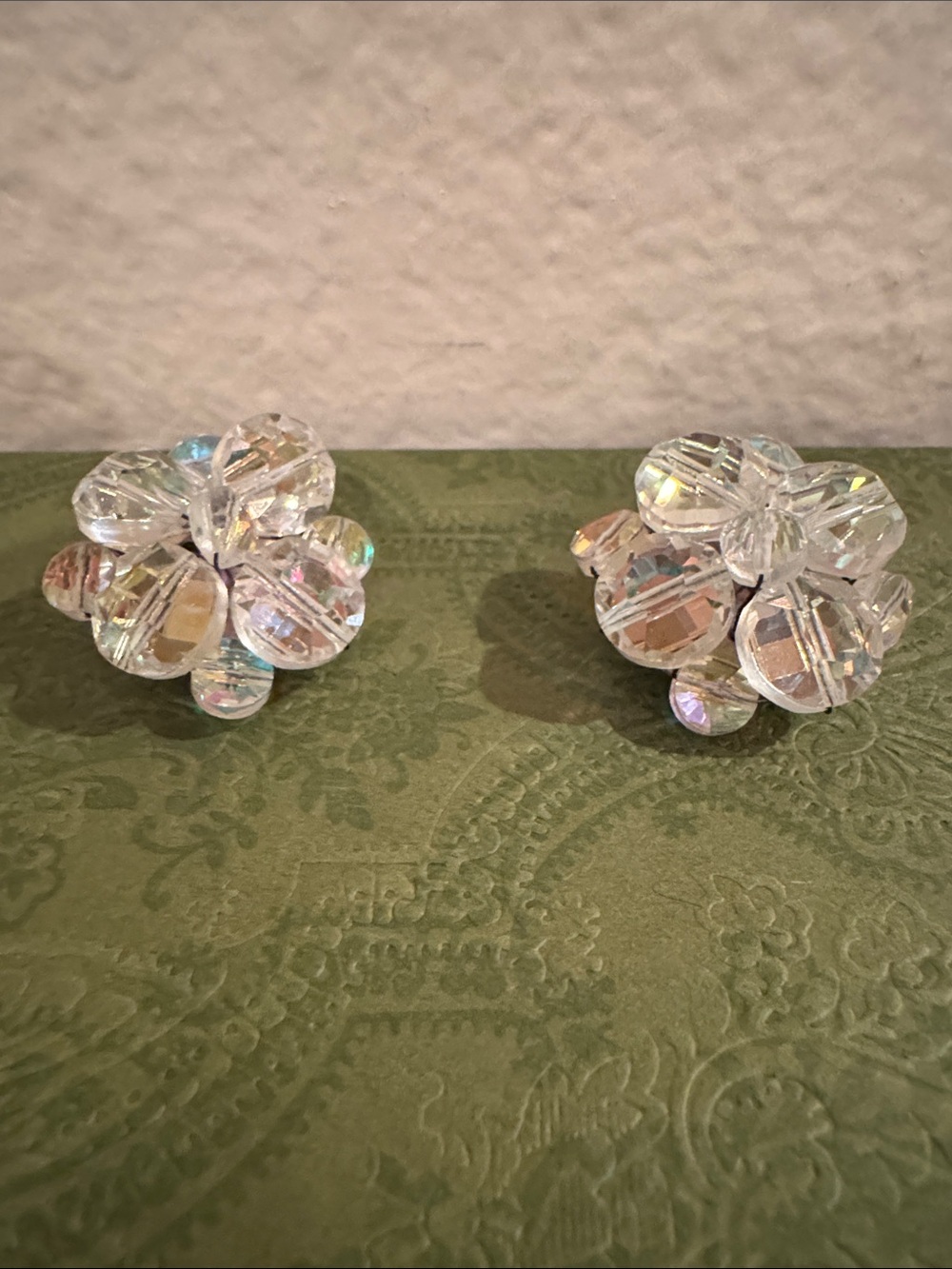 Vintage Signed Germany Aurora Borealis Crystal Cluster Clip On Earrings